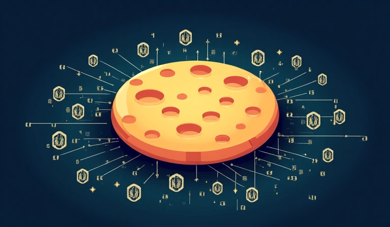 Ilustración de una galleta de internet con datos fluyendo alrededor, simbolizando el concepto de cookies en la web.