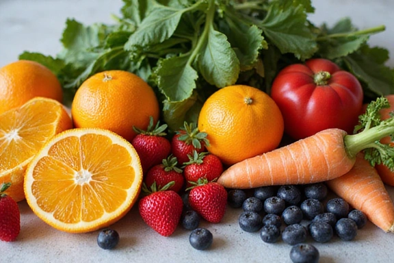 Variedad de frutas y verduras frescas ricas en vitaminas y minerales