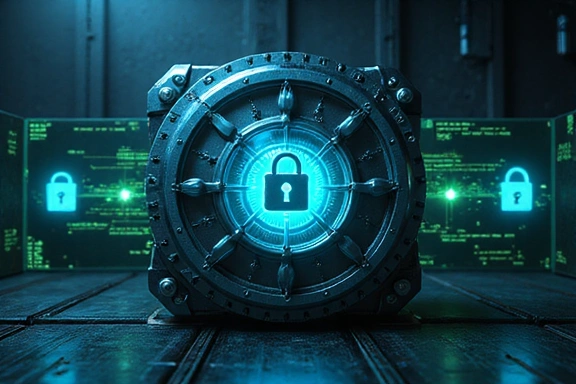 Ilustración de una bóveda digital con símbolos de seguridad
